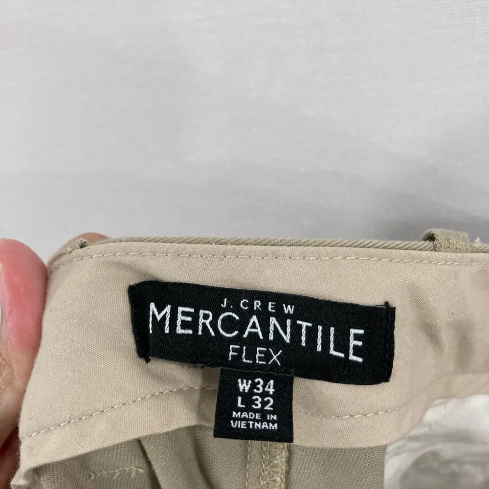 J. Crew Mens Flex Chino Pants size 34 x 32 Cream Tan Straight Leg‎ Preppy Office